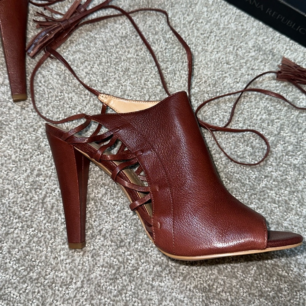 COPY - New in box women’s cognac, leather peep, toe heels with ankle ties detai…